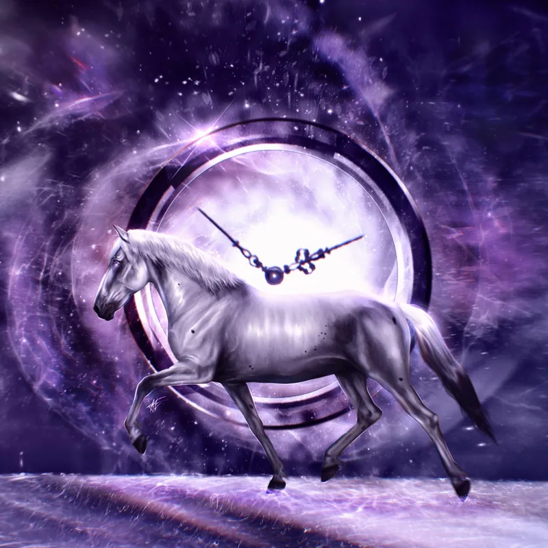 Unicorn leaping through a clock portal