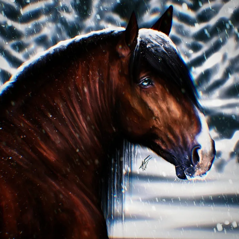 Bay horse portrait in falling snow