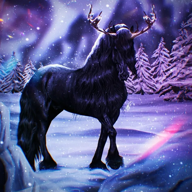 Friesian with antlers on a winter night