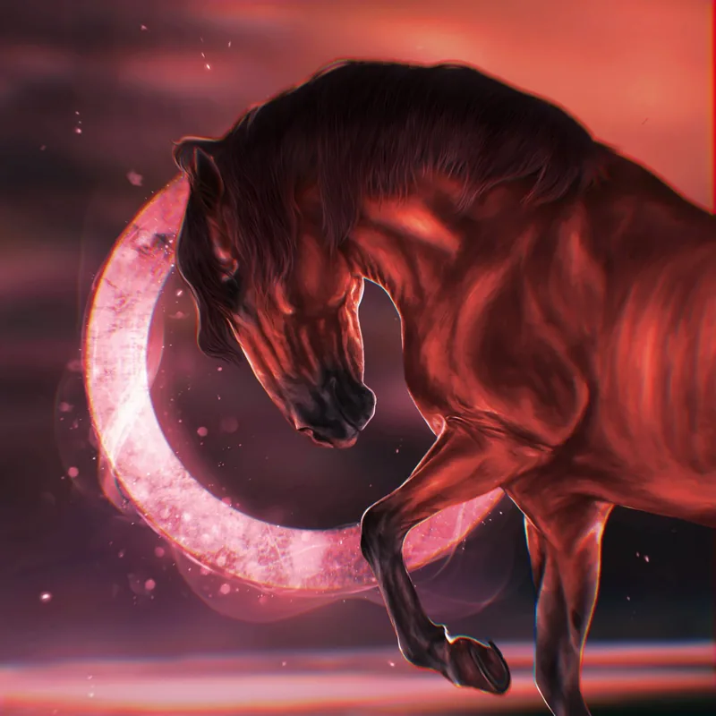 Rearing horse before a pink moon