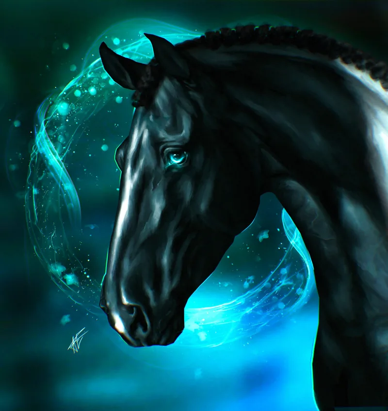 Black horse with a teal glow