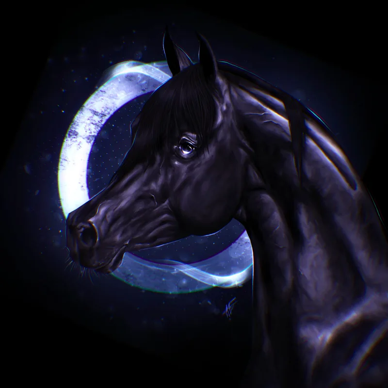 Black horse under a white crescent moon