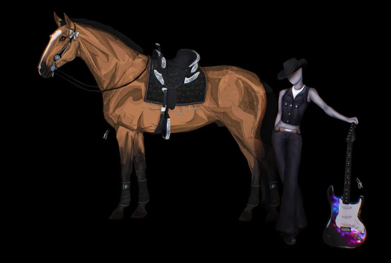 Bay horse and character with guitar