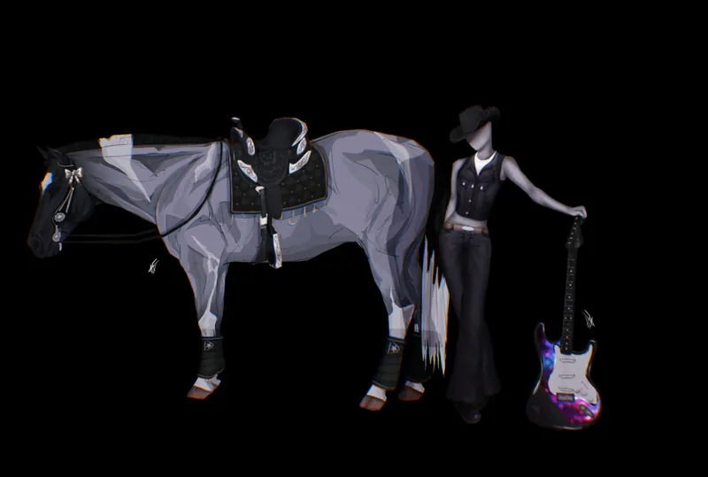 Grey horse and character with guitar