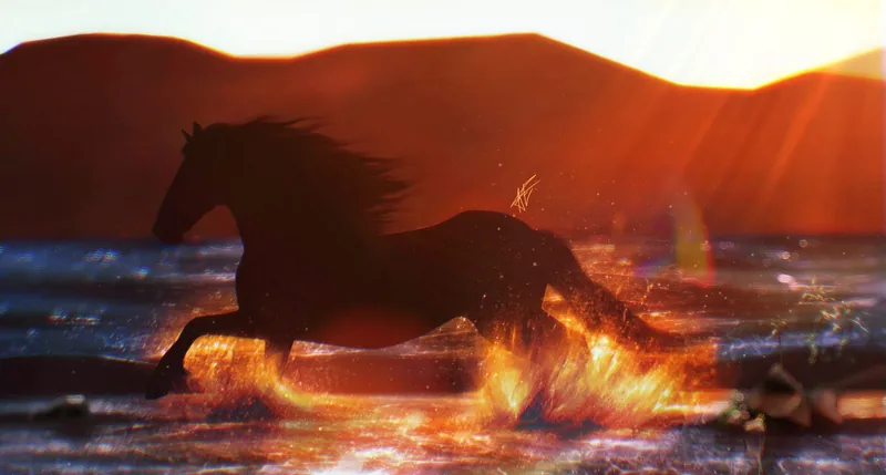 Horse galloping through surf at a fiery sunset
