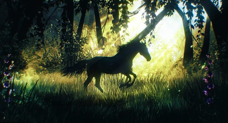 Horse silhouette in a sunlit forest