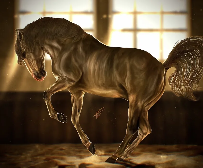 Golden horse in a sunlit barn